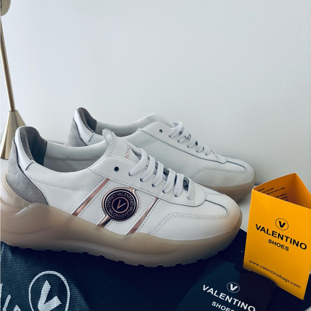 Valentino White Leather Sneakers with  Trim and Logo Patch